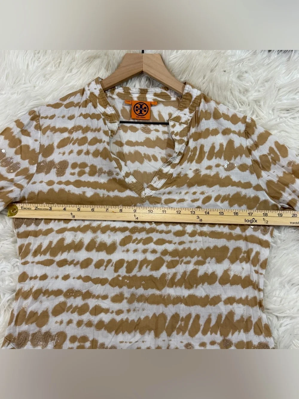 Tory Burch Stephanie Blouse 3/4 sleeves split v-neckline sequin embellishment